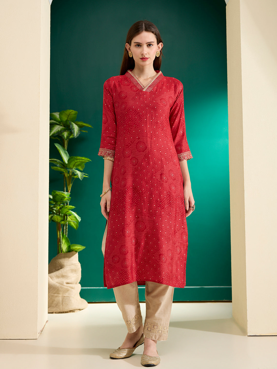 Ethnic Bandhani Foil Printed & Embroidered Straight Fit Kurta - Red