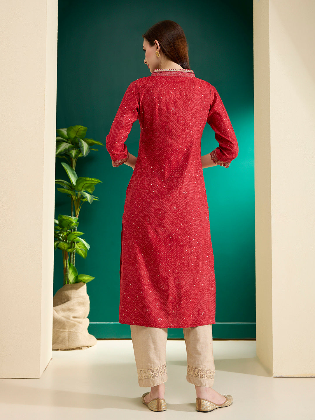 Ethnic Bandhani Foil Printed & Embroidered Straight Fit Kurta - Red