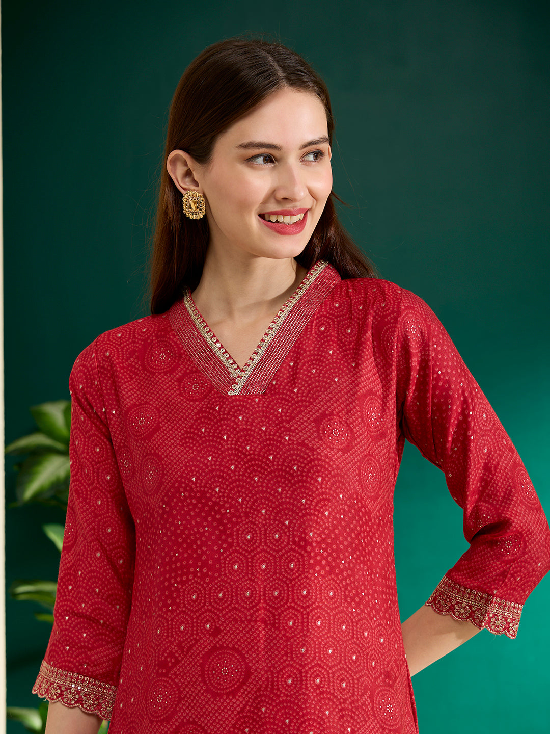 Ethnic Bandhani Foil Printed & Embroidered Straight Fit Kurta - Red