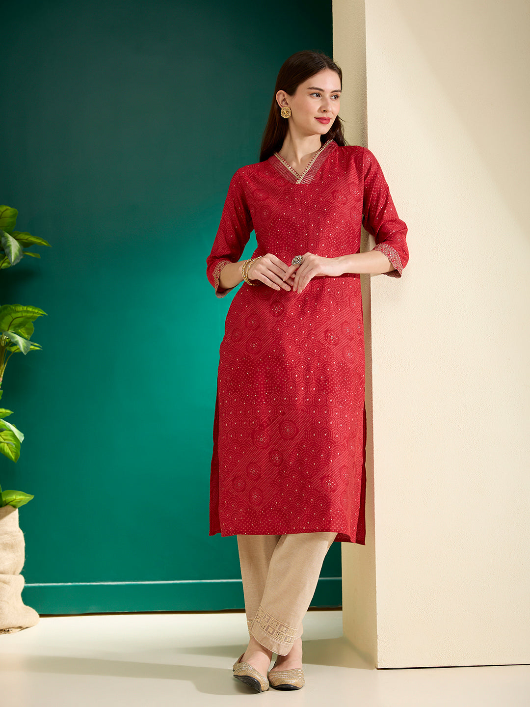 Ethnic Bandhani Foil Printed & Embroidered Straight Fit Kurta - Red