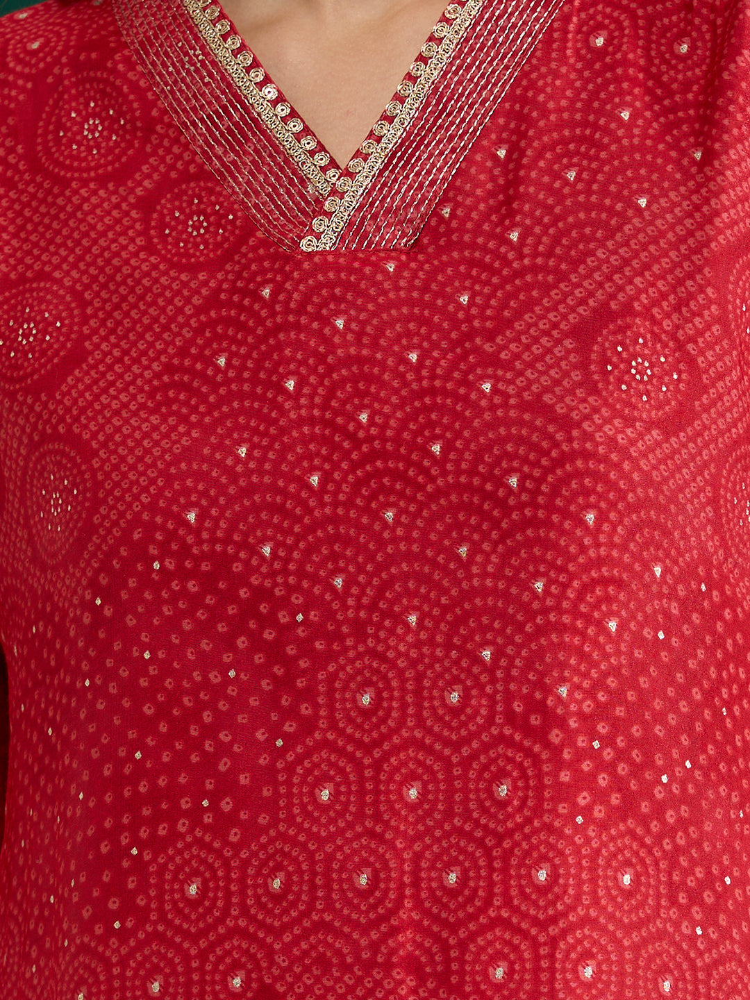 Ethnic Bandhani Foil Printed & Embroidered Straight Fit Kurta - Red