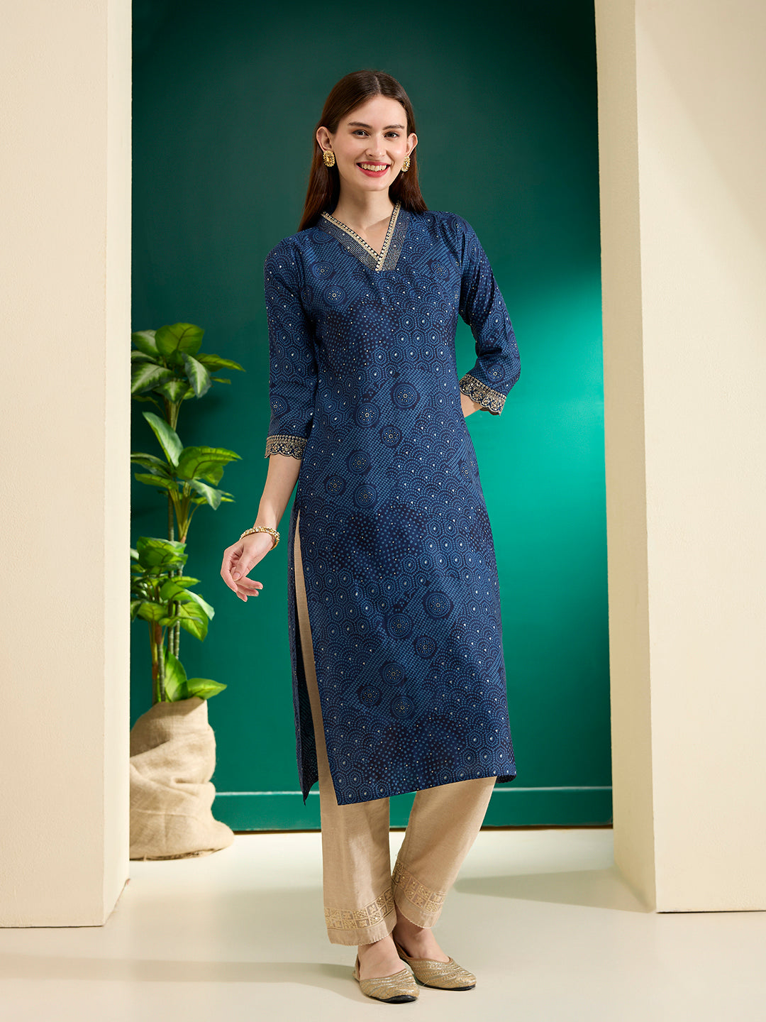 Ethnic Bandhani Foil Printed & Embroidered Straight Fit Kurta - Blue