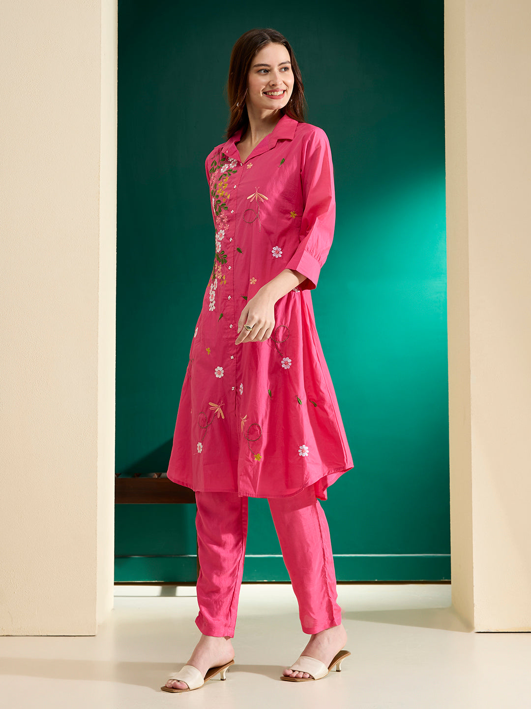Solid Floral Resham Embroidered A-Line Co-ord Set - Pink