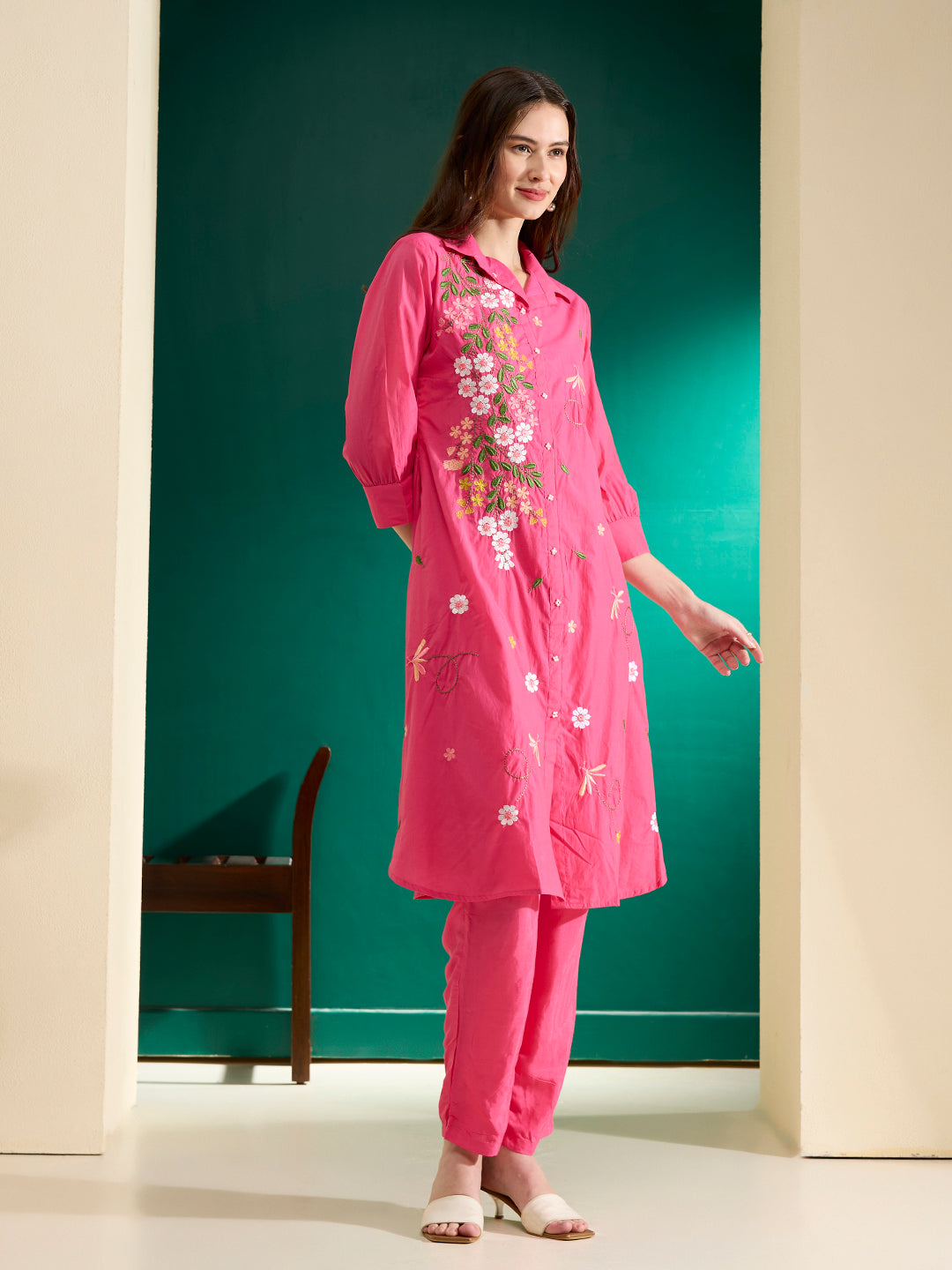 Solid Floral Resham Embroidered A-Line Co-ord Set - Pink