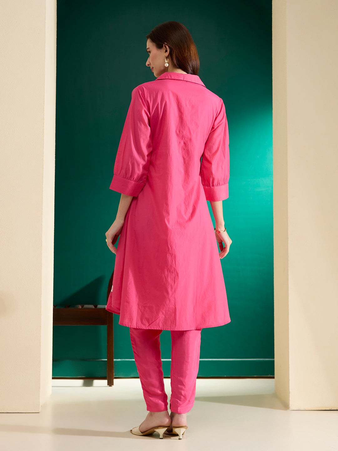 Solid Floral Resham Embroidered A-Line Co-ord Set - Pink