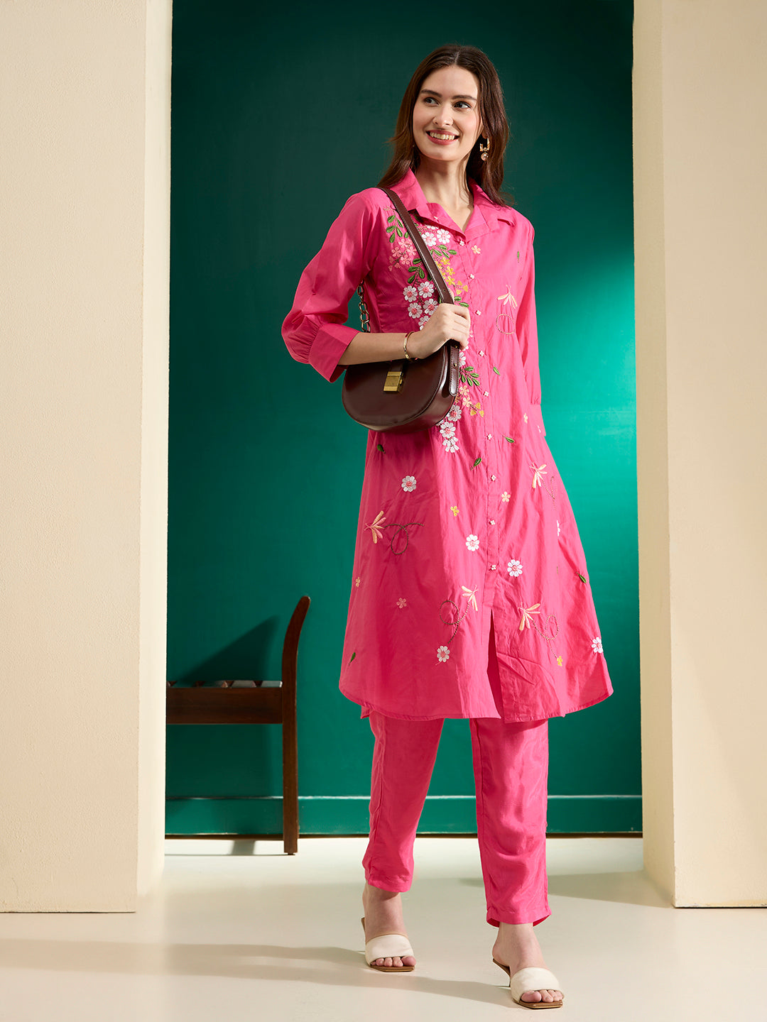 Solid Floral Resham Embroidered A-Line Co-ord Set - Pink