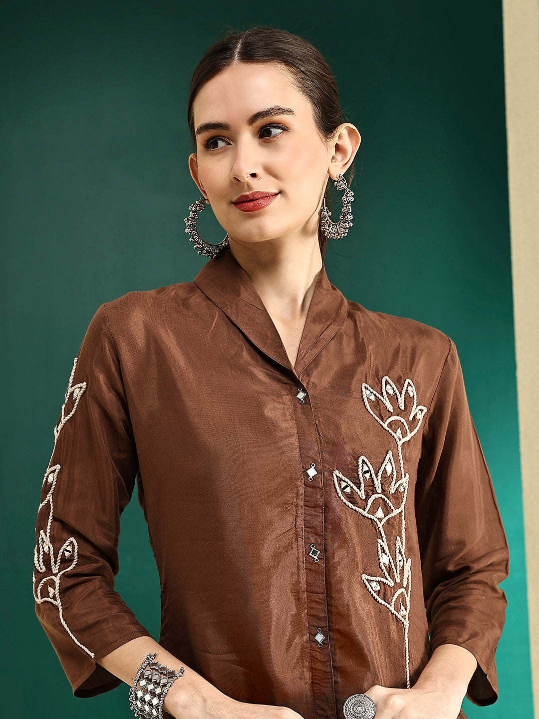 Solid Floral Cord Work Straight Fit Co-ord Set - Brown