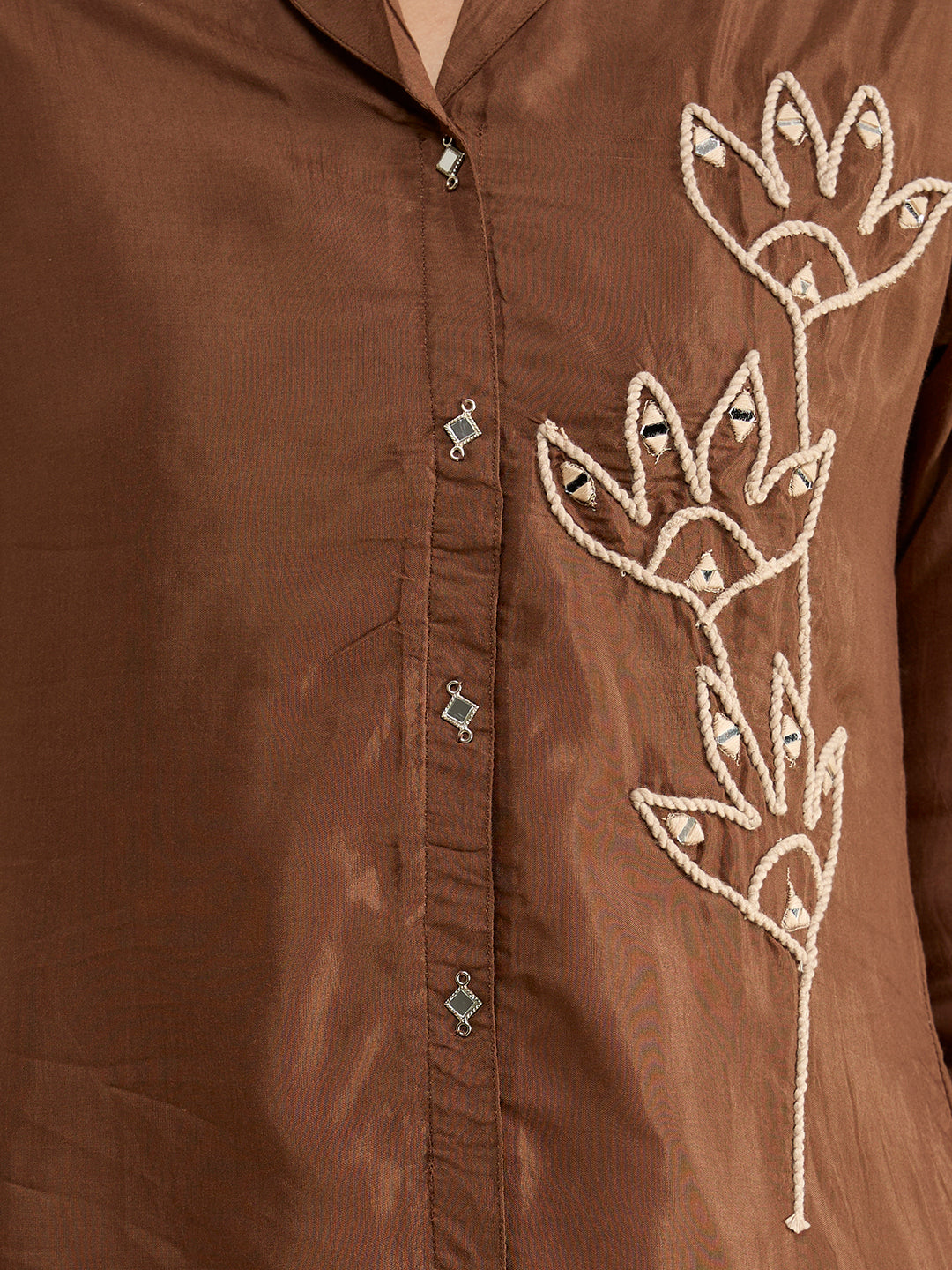 Solid Floral Cord Work Straight Fit Co-ord Set - Brown