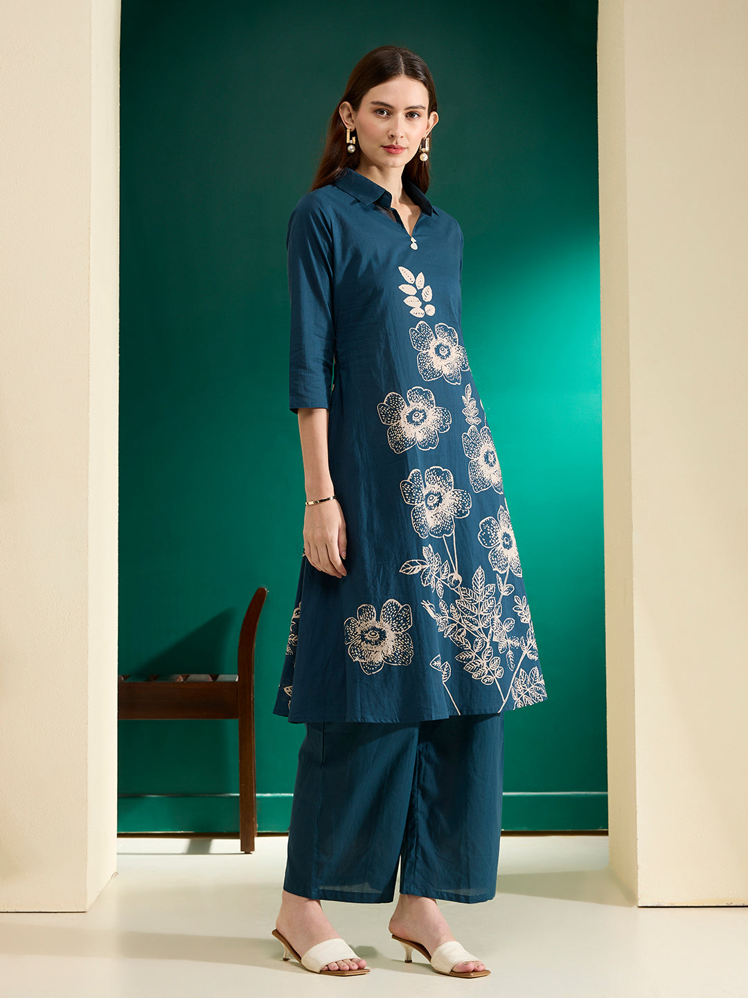 Abstract Floral Printed A-Line Fit Co-ord Set - Teal