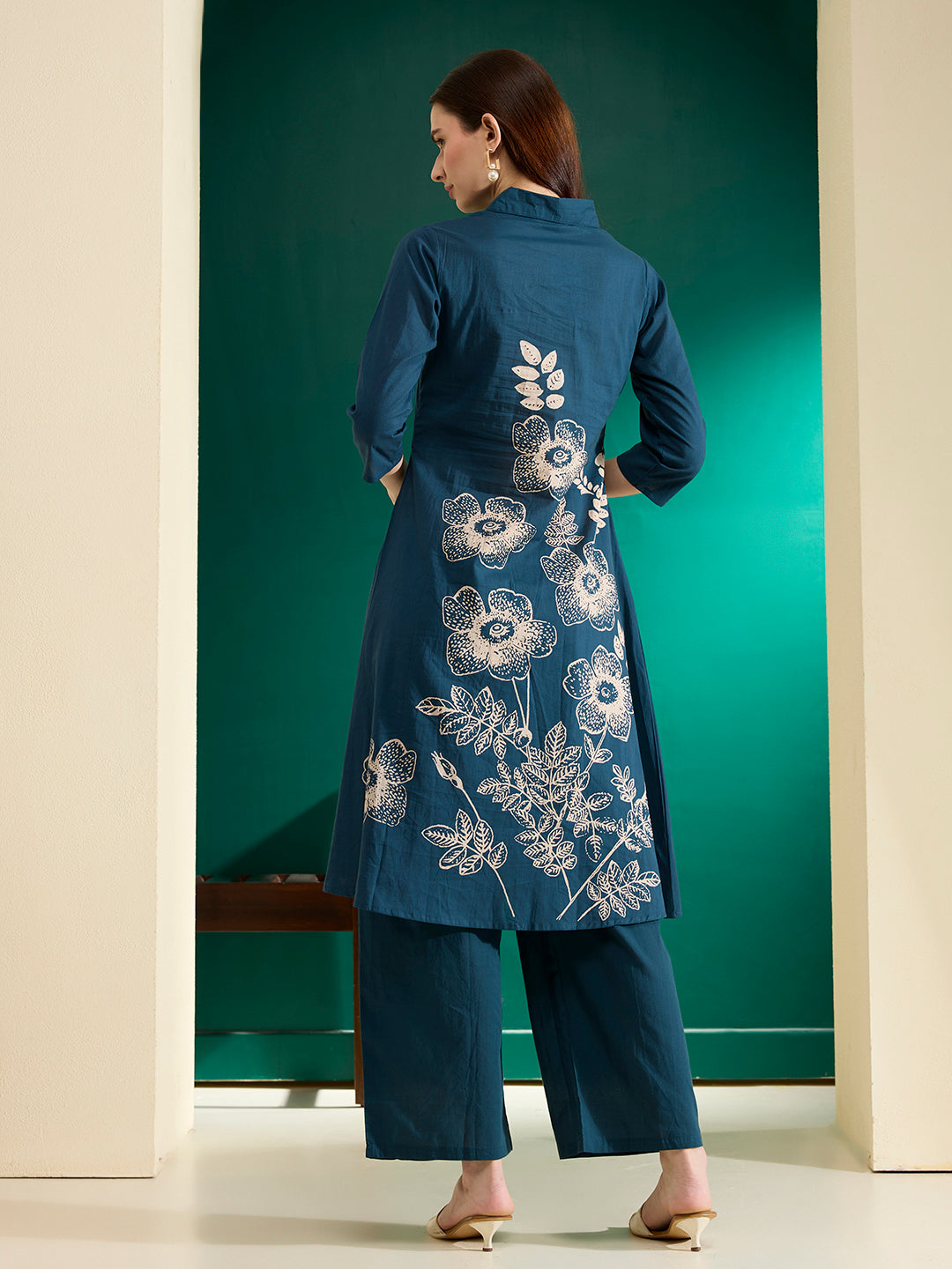 Abstract Floral Printed A-Line Fit Co-ord Set - Teal