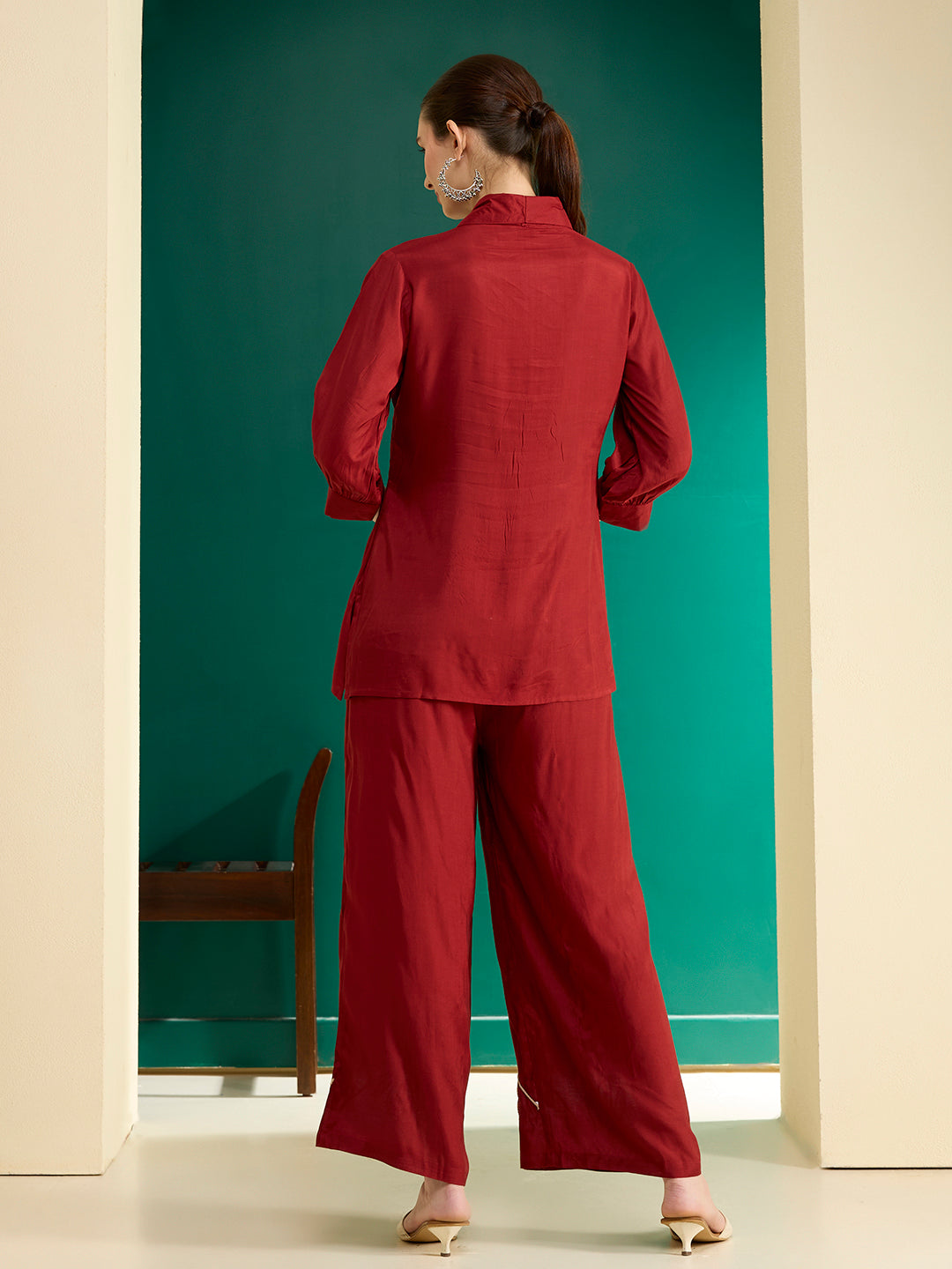 Solid Cord work Embroidered Straight Fit Co-ord Set - Rust