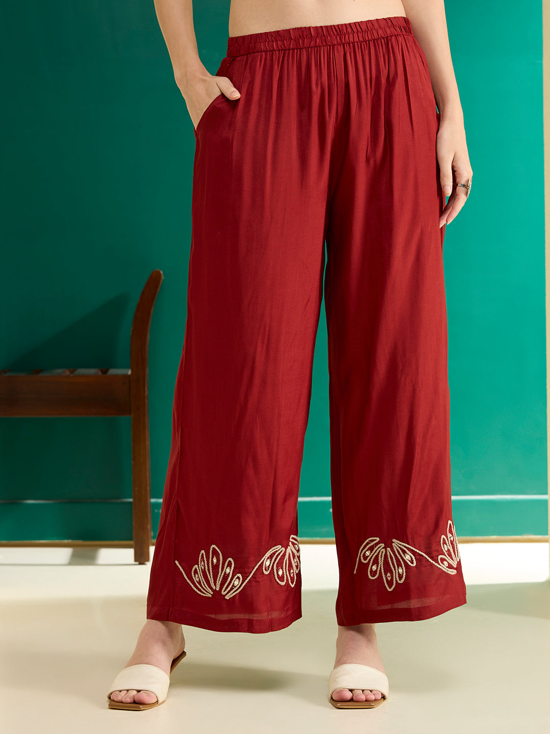 Solid Cord work Embroidered Straight Fit Co-ord Set - Rust