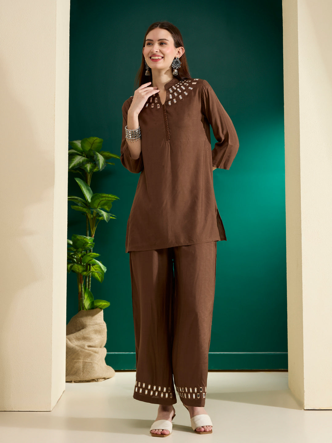 Solid Mirror Work Embroidered Straight Fit Co-ord Set - Brown
