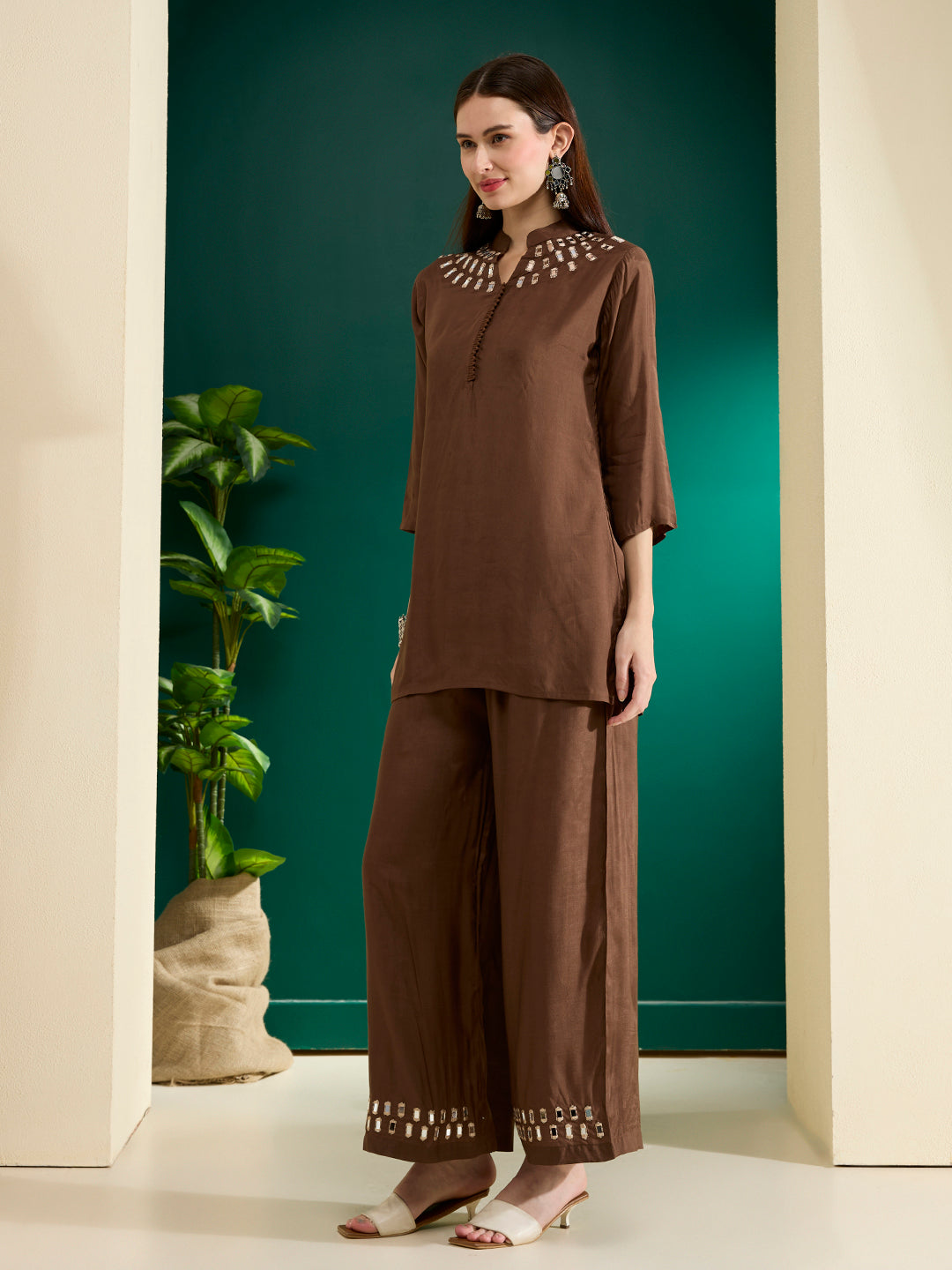 Solid Mirror Work Embroidered Straight Fit Co-ord Set - Brown