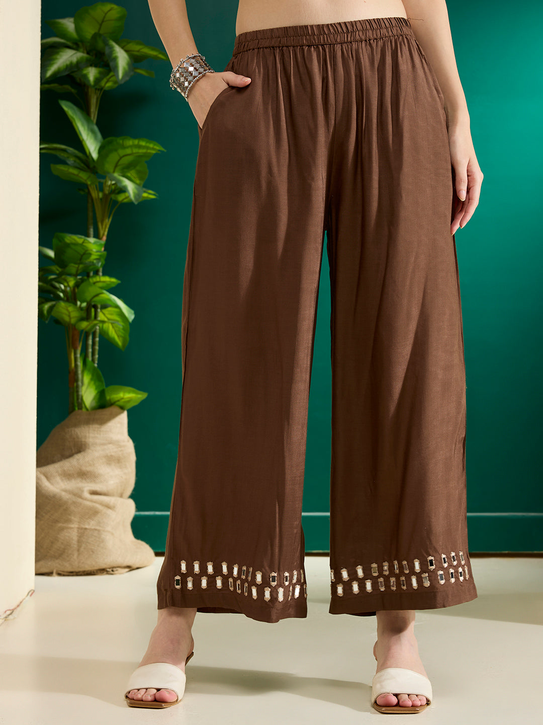 Solid Mirror Work Embroidered Straight Fit Co-ord Set - Brown