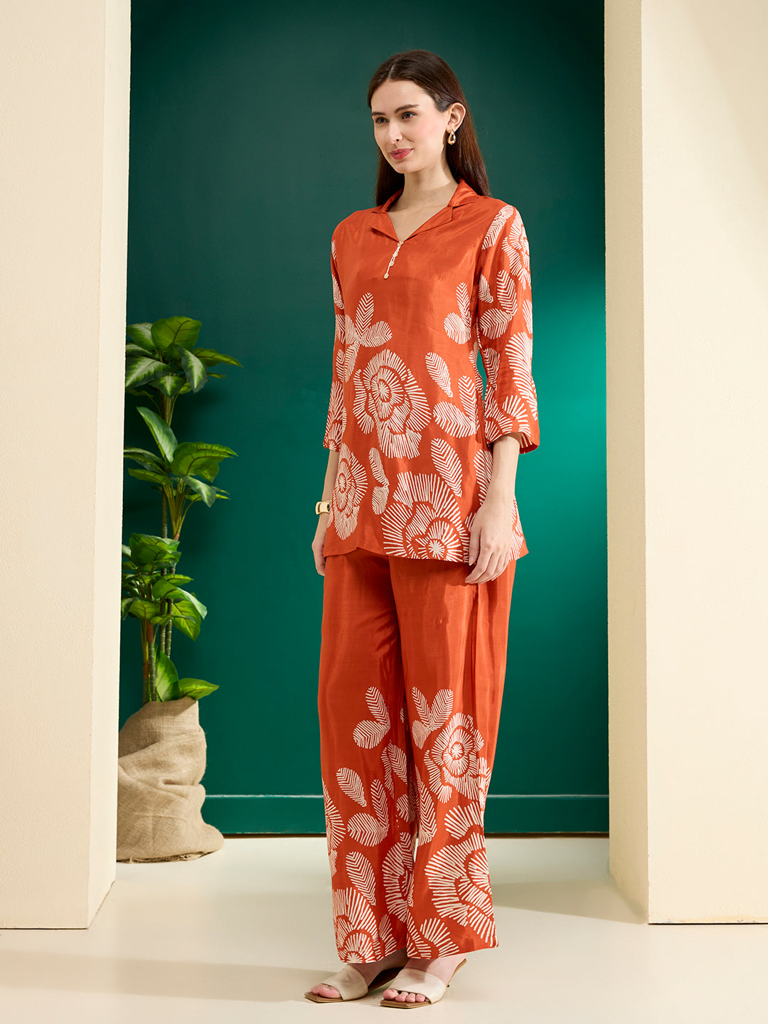 Abstract Printed A-Line Co-ord Set - Rust