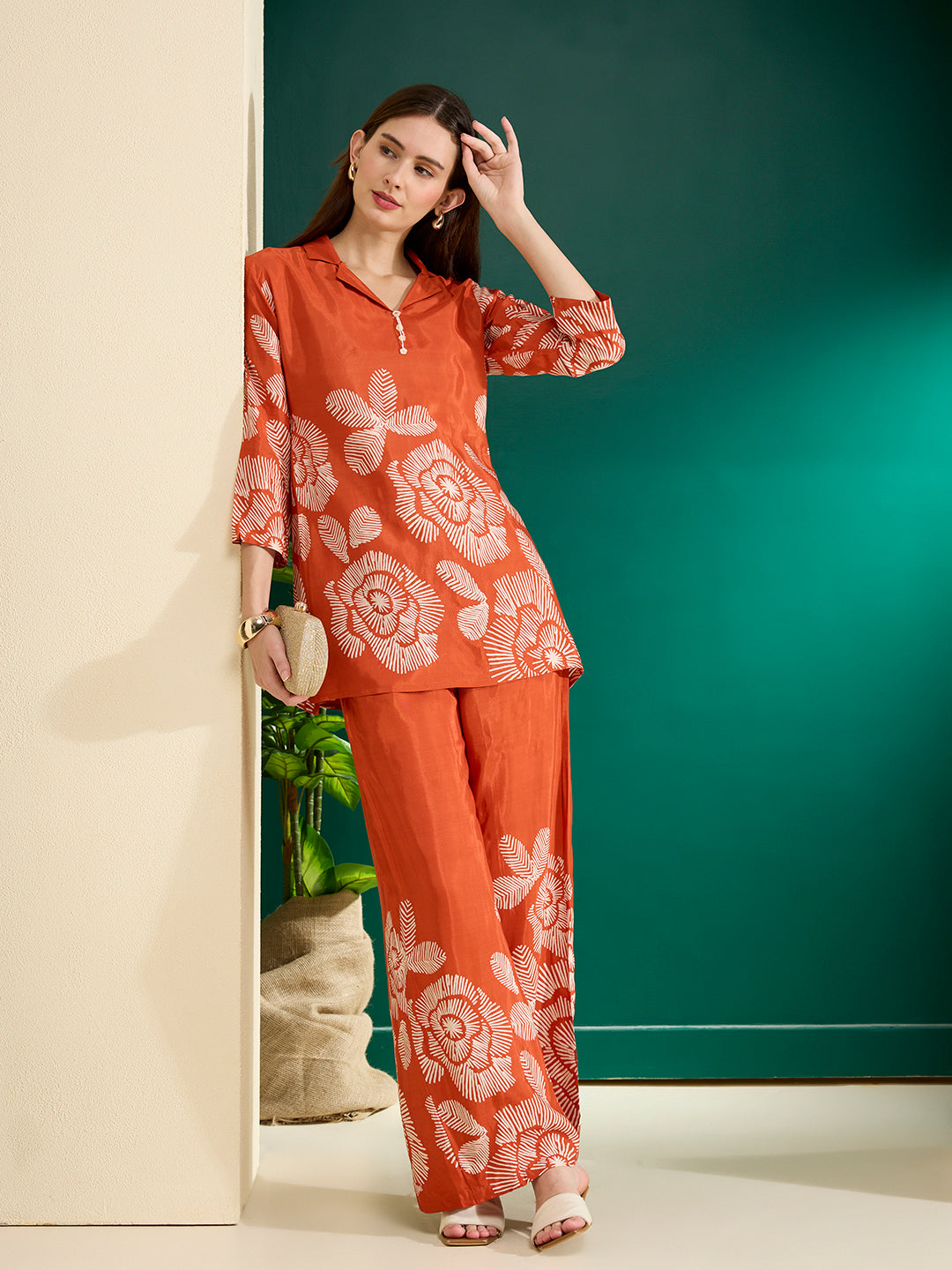 Abstract Printed A-Line Co-ord Set - Rust