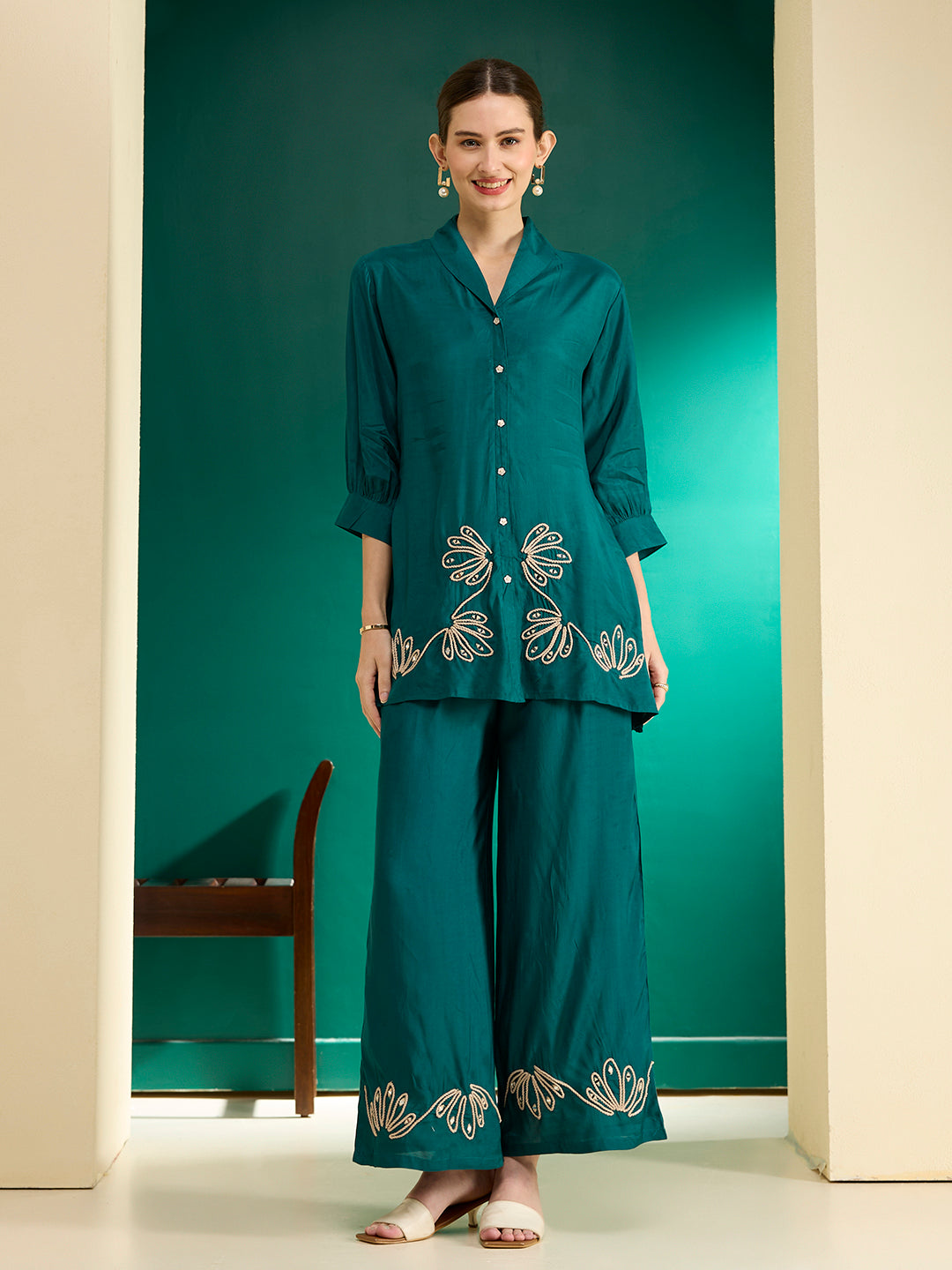Solid Cord work Embroidered Straight Fit Co-ord Set - Teal