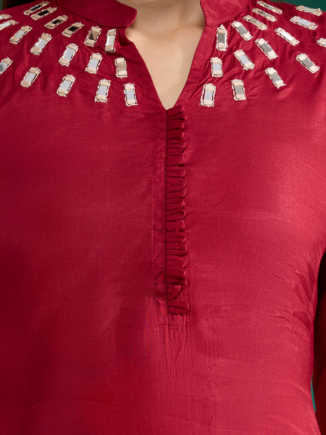 Solid Mirror Work Embroidered Straight Fit Co-ord Set - Maroon