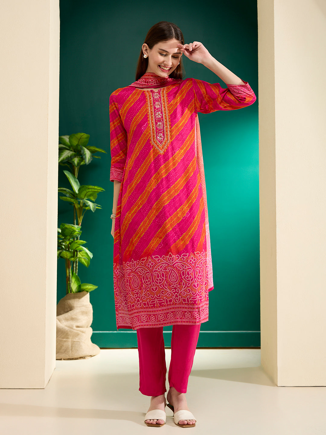 Bandhani Printed Straight Kurta with Pant & Dupatta - Rani