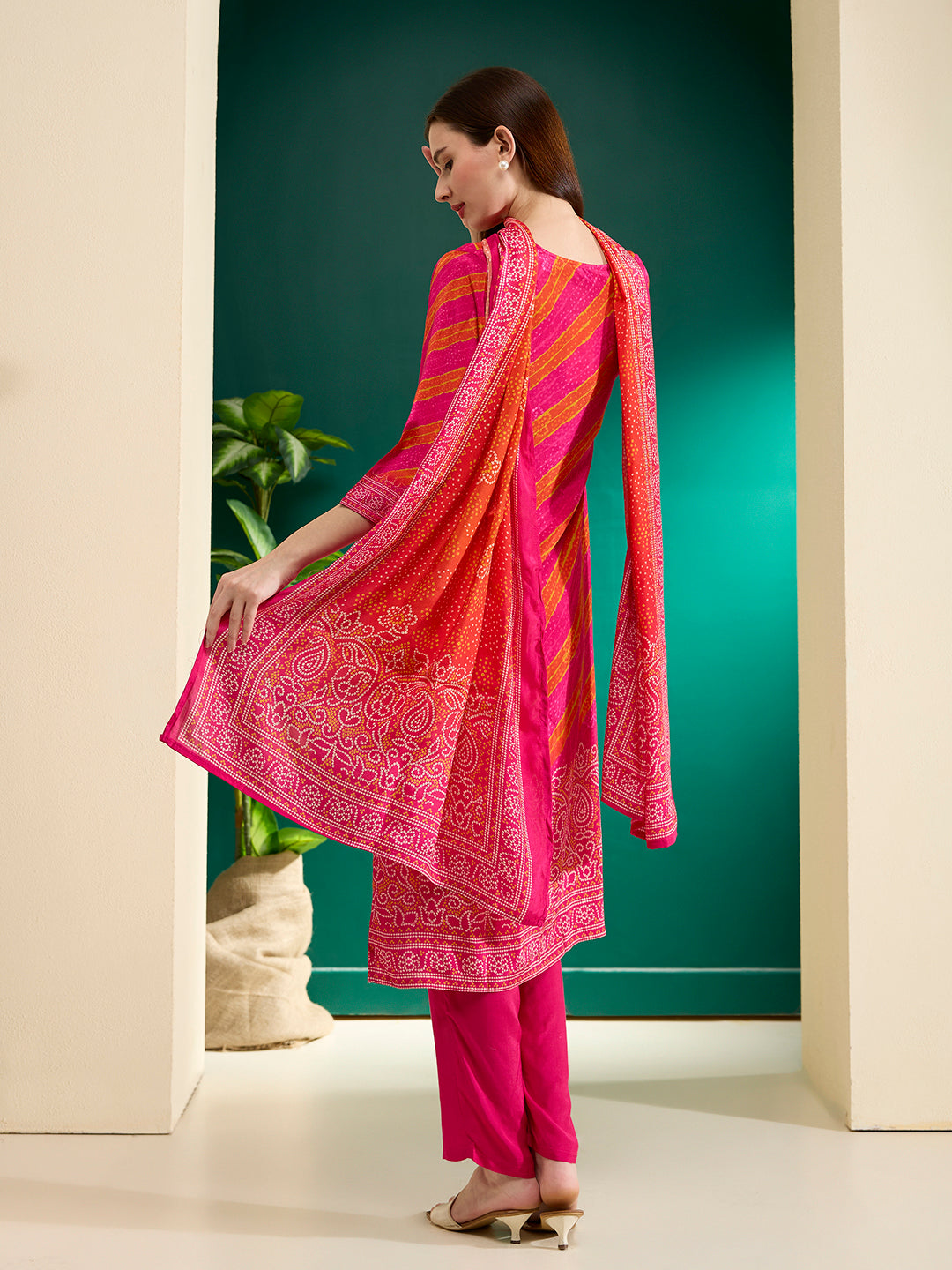 Bandhani Printed Straight Kurta with Pant & Dupatta - Rani