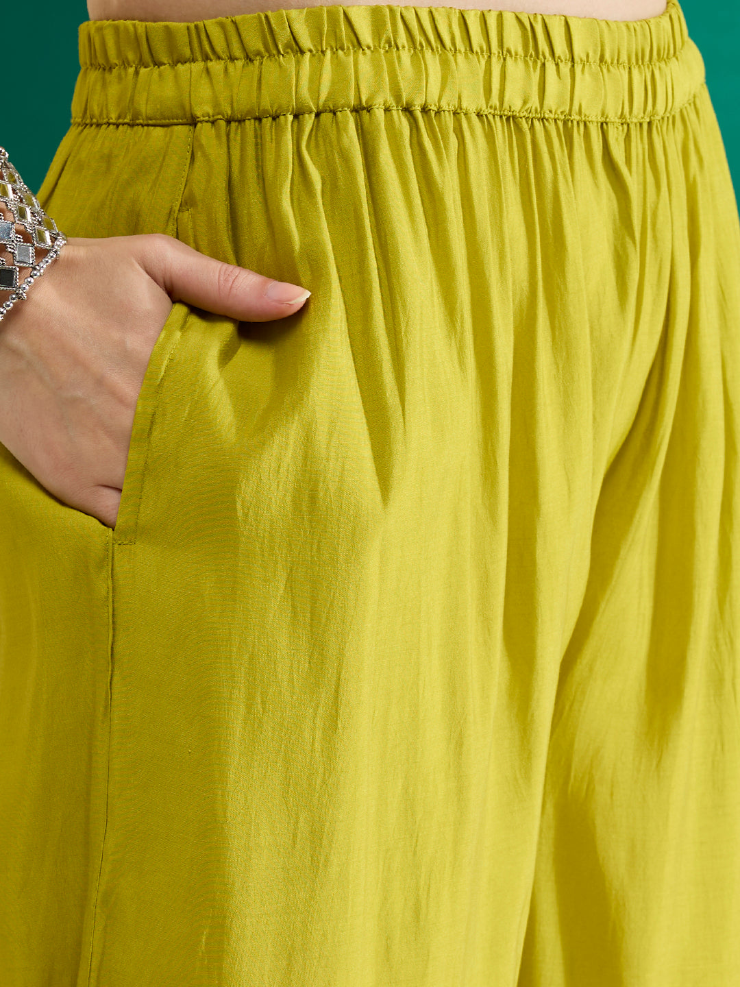 Solid Abstract Floral Embroidered A-Line Kurta with Palazzo & Dupatta - Lime Green
