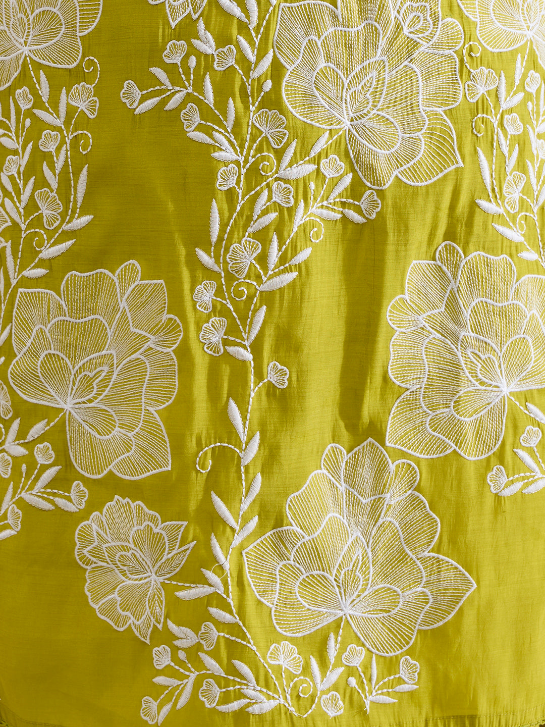 Solid Abstract Floral Embroidered A-Line Kurta with Palazzo & Dupatta - Lime Green