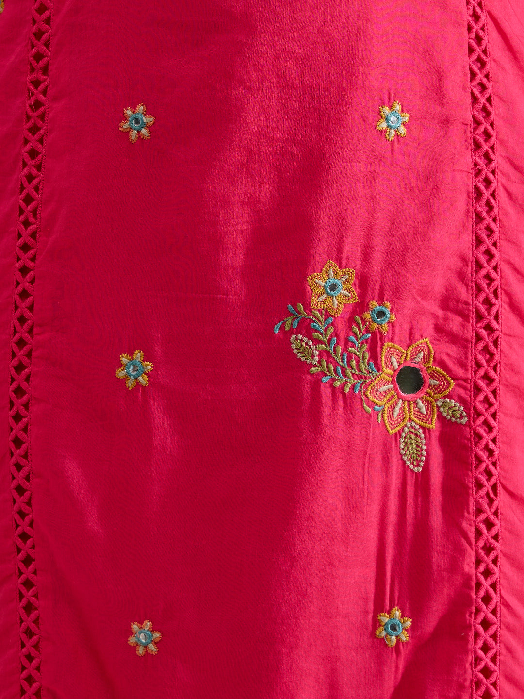 Solid Floral Threadwork Embroidered Straight Kurta with Palazzo & Dupatta - Pink