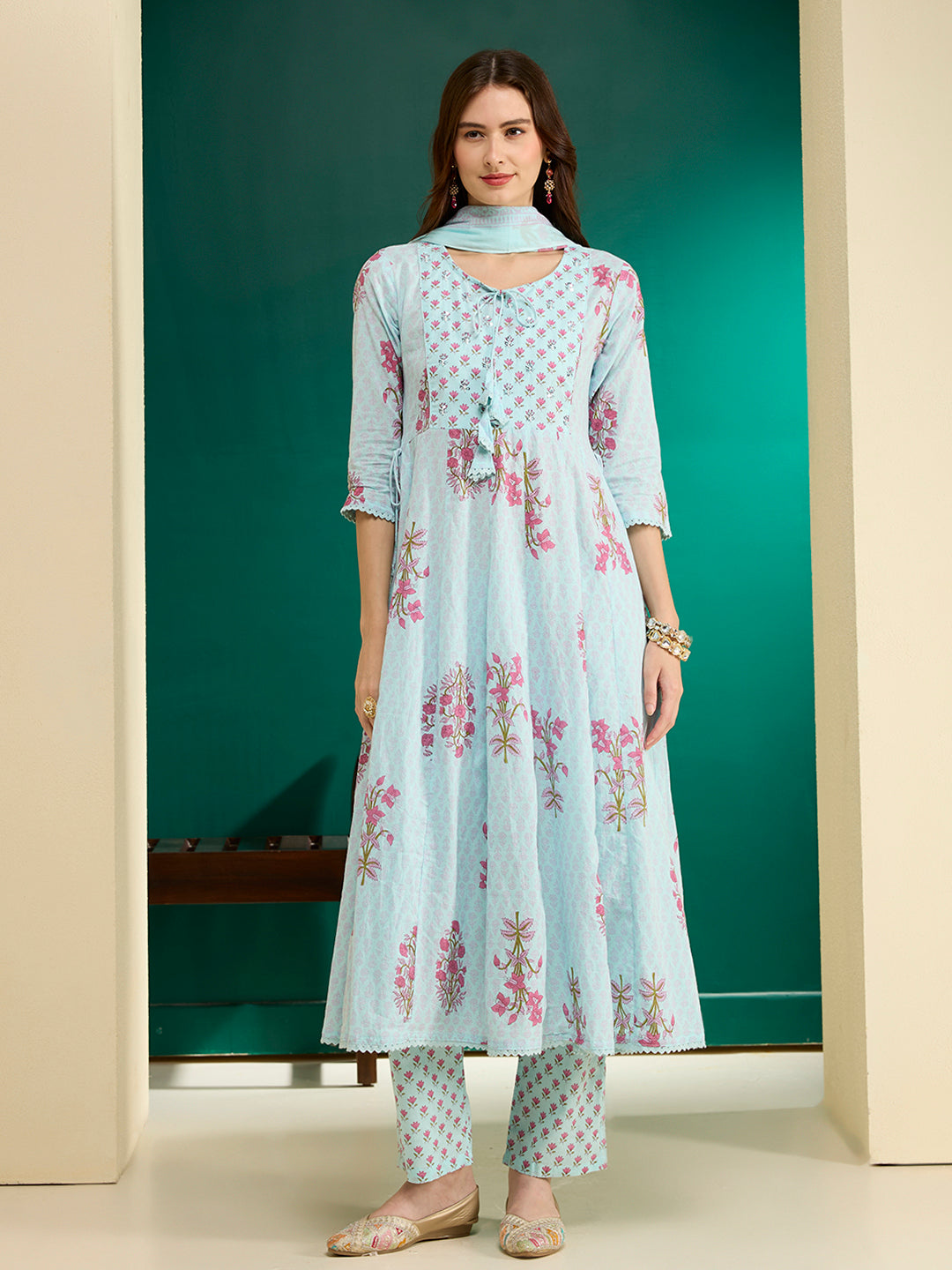 Ethnic Floral Printed Anarkali Flared Kurta with Pant and Dupatta - Blue