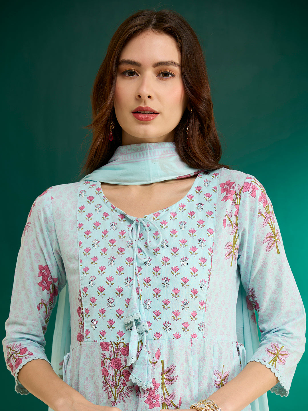 Ethnic Floral Printed Anarkali Flared Kurta with Pant and Dupatta - Blue