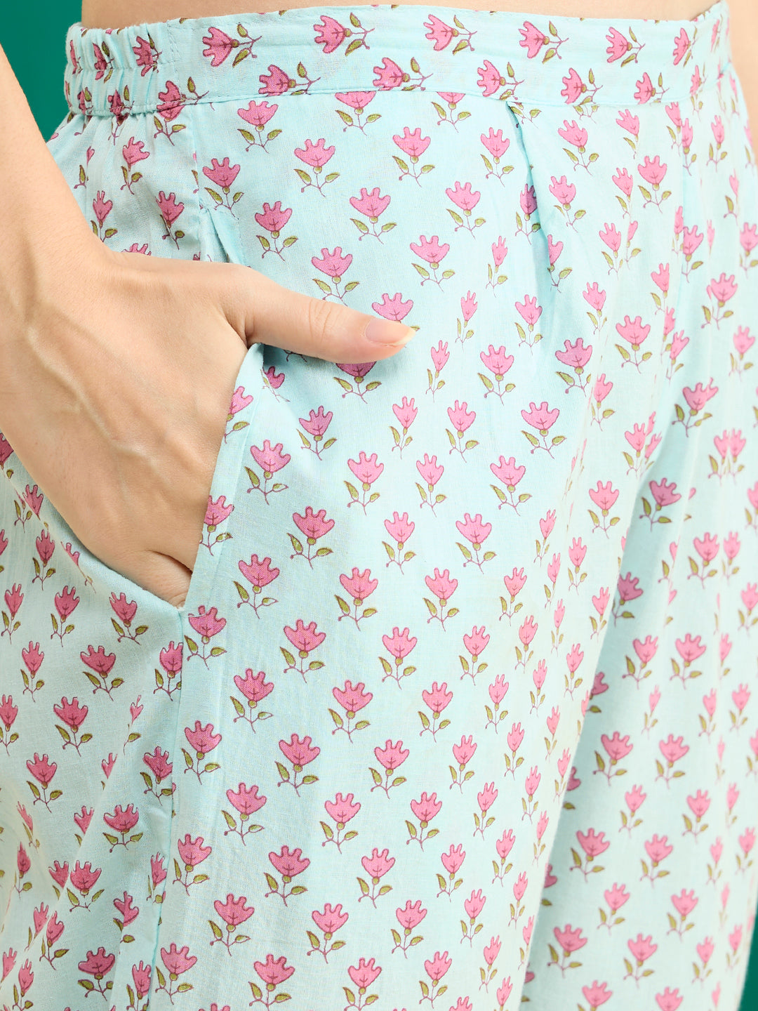 Ethnic Floral Printed Anarkali Flared Kurta with Pant and Dupatta - Blue