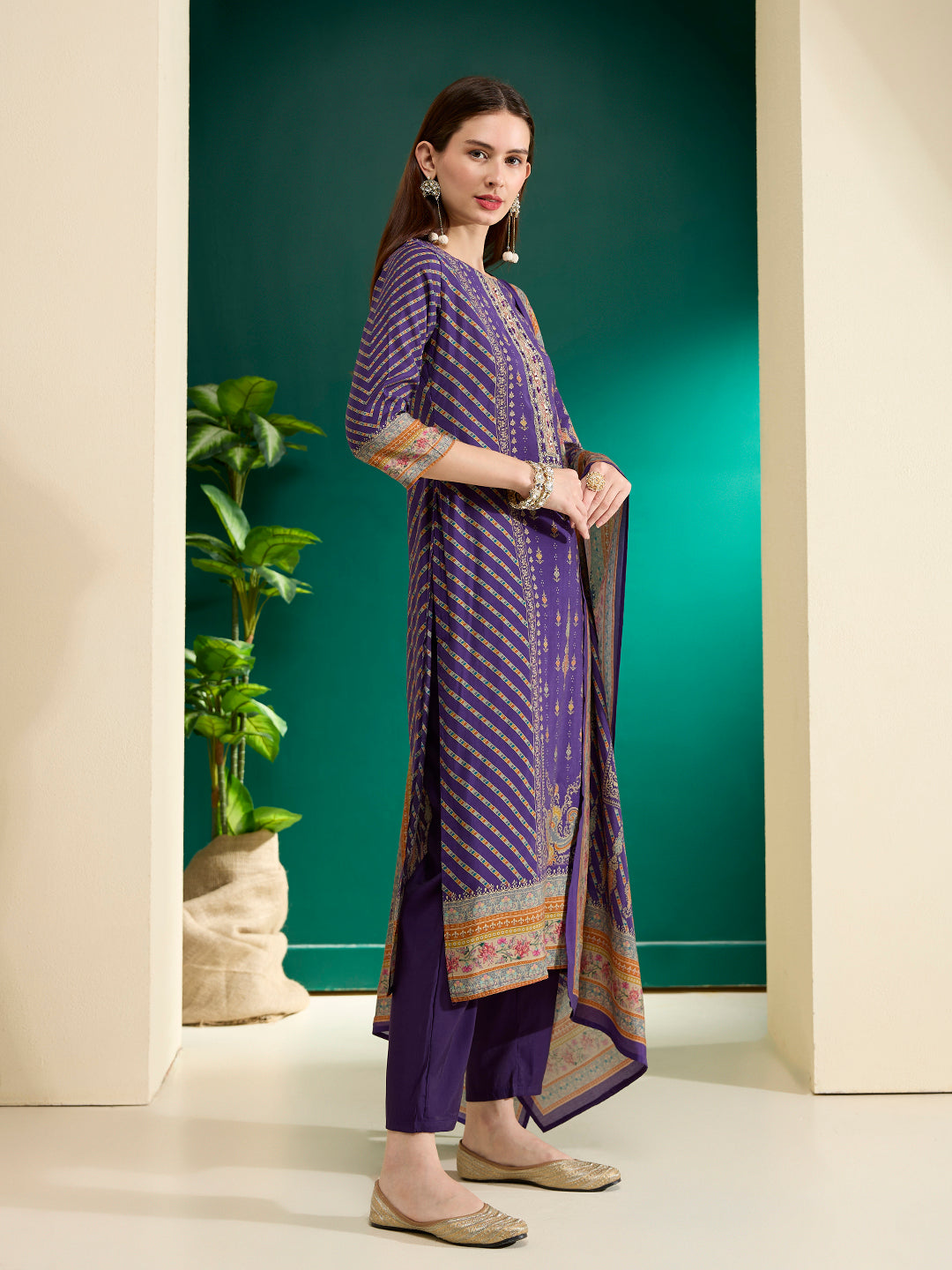 Ethnic Printed Straight Kurta with Pant & Dupatta - Purple
