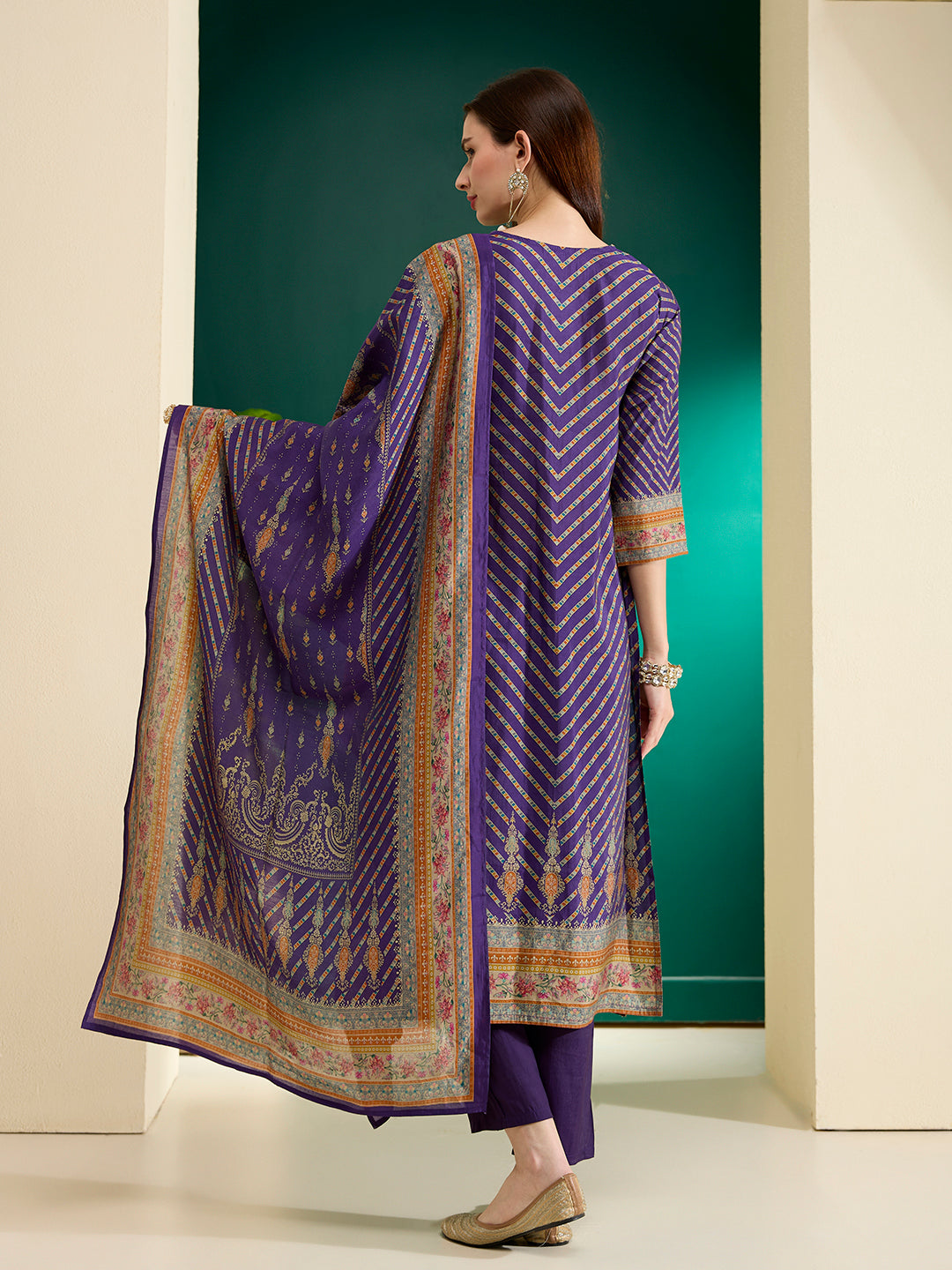 Ethnic Printed Straight Kurta with Pant & Dupatta - Purple