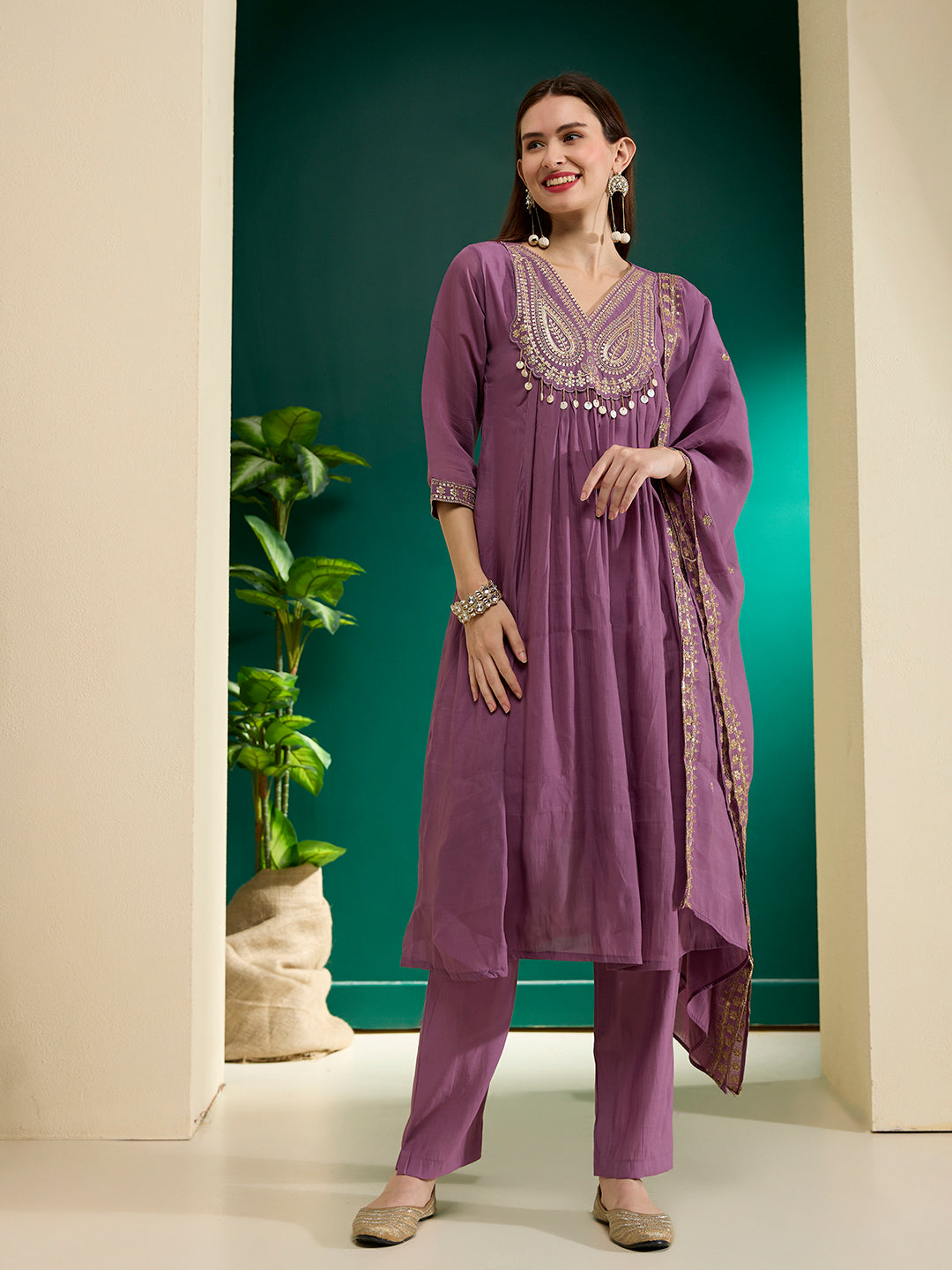 Solid Ethnic Embroidered A-Line Pleated Kurta with Pant & Dupatta - Purple