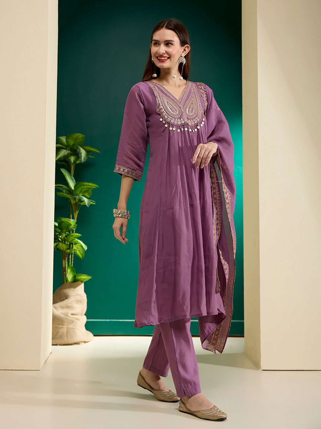 Solid Ethnic Embroidered A-Line Pleated Kurta with Pant & Dupatta - Purple