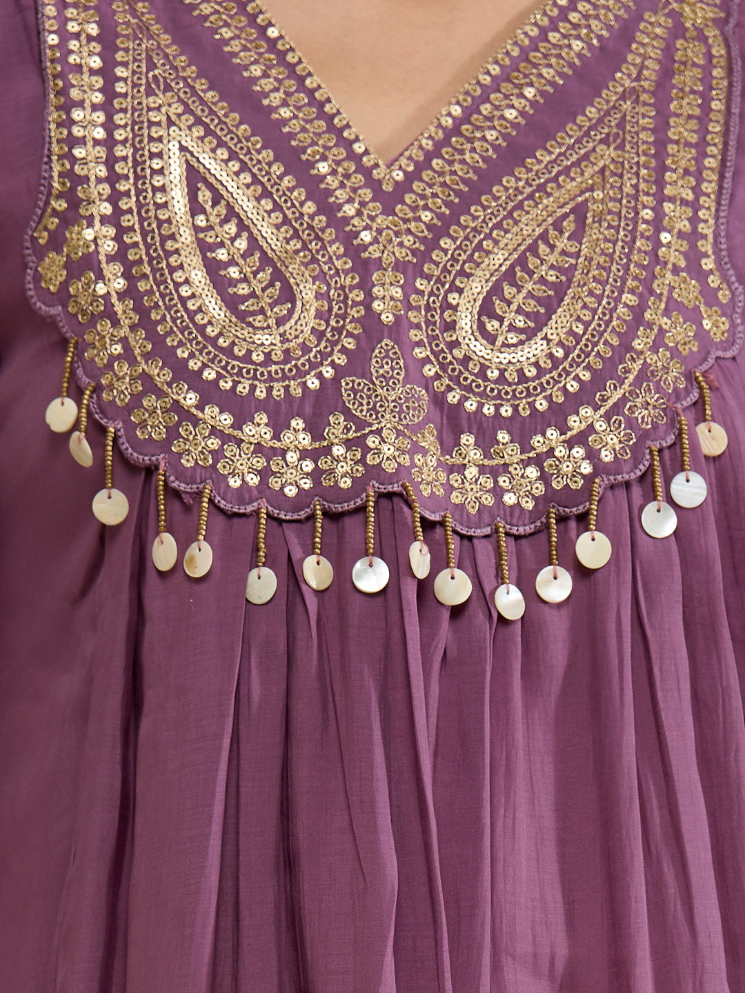 Solid Ethnic Embroidered A-Line Pleated Kurta with Pant & Dupatta - Purple