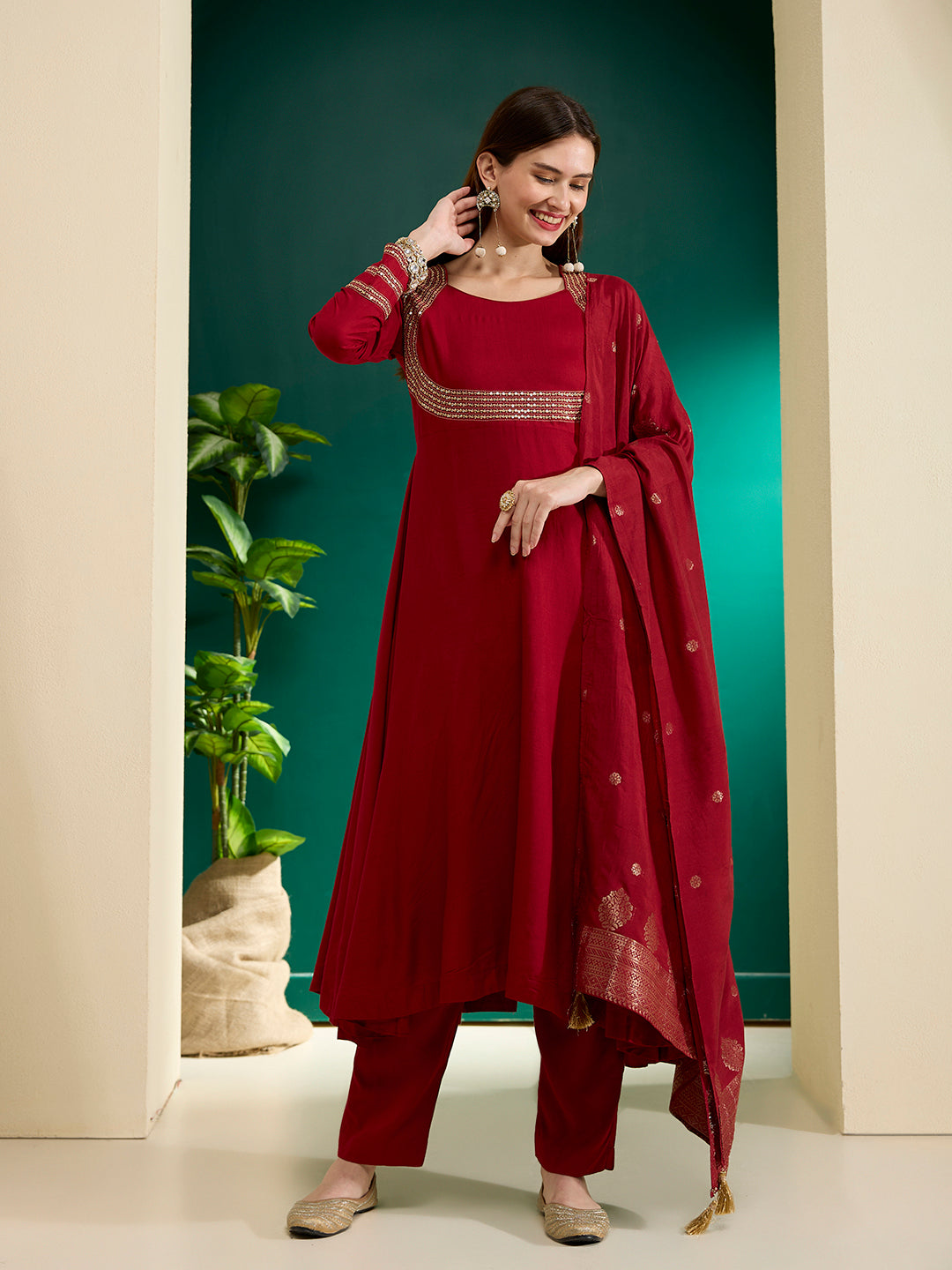 Solid Embroidered Anarkali Flared Kurta with Pant & Dupatta - Maroon