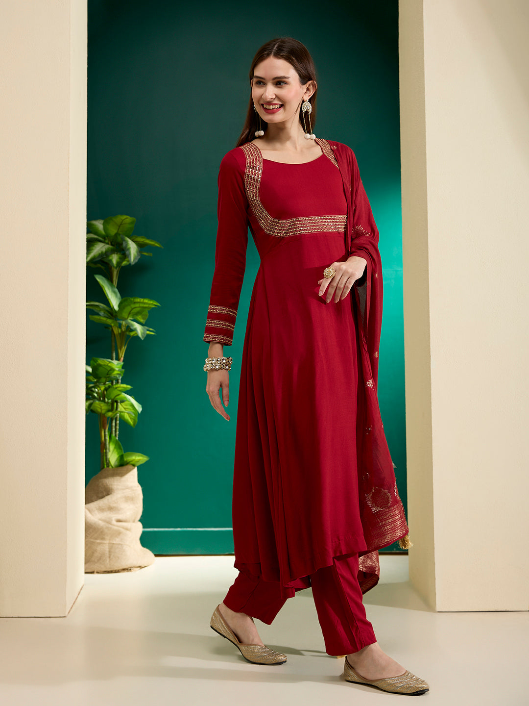 Solid Embroidered Anarkali Flared Kurta with Pant & Dupatta - Maroon
