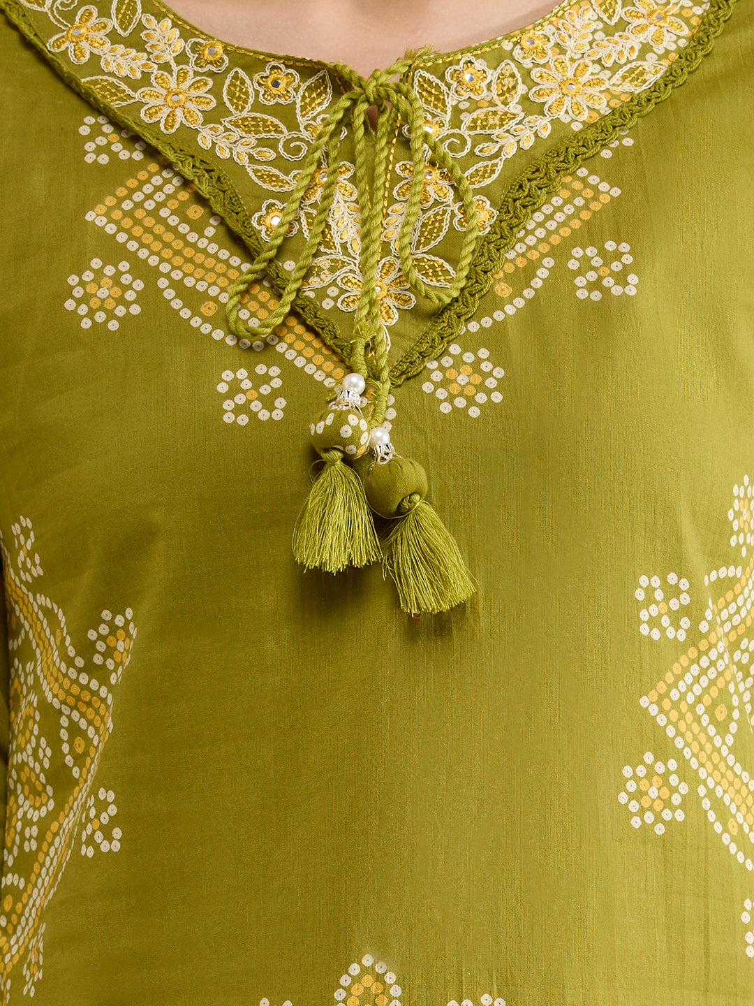 Ethnic Bandhani Printed Straight Kurta with Pant & Dupatta - Green