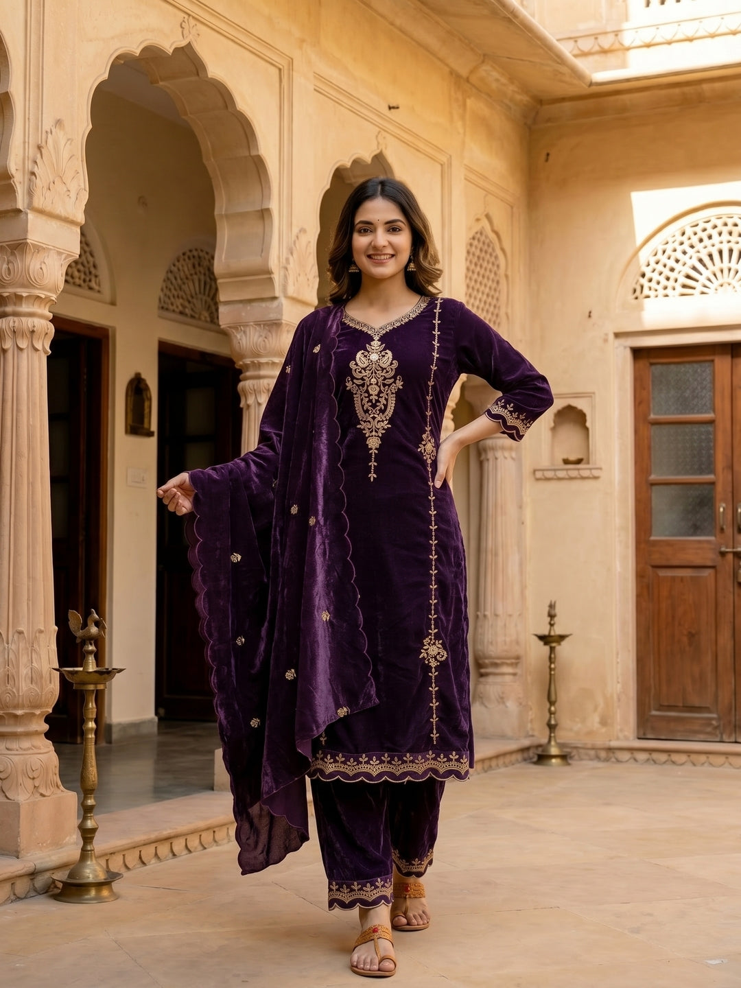 Solid Zari Work A-Line Velvet Kurta & Palazzo & Dupatta - Purple