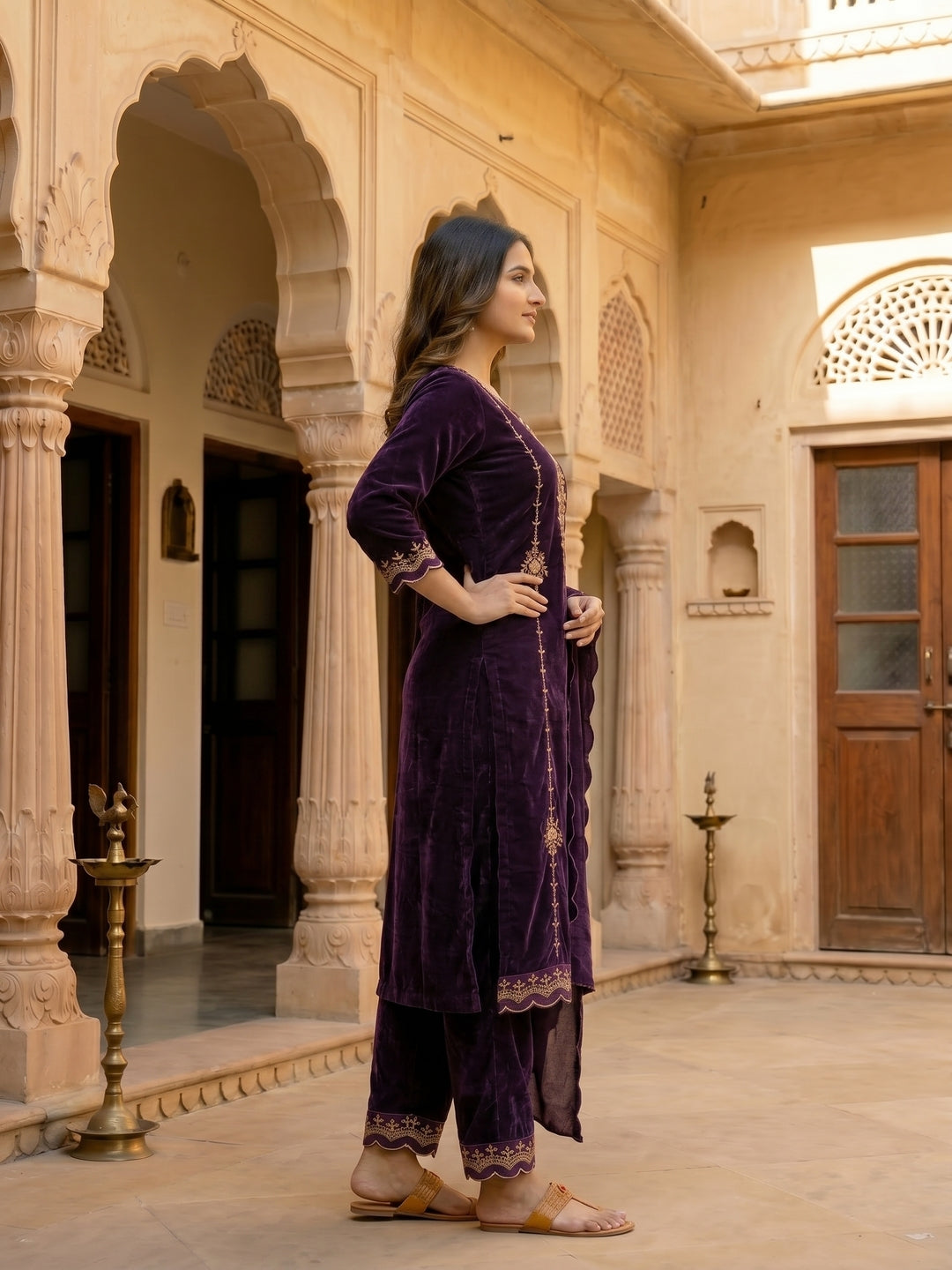 Solid Zari Work A-Line Velvet Kurta & Palazzo & Dupatta - Purple