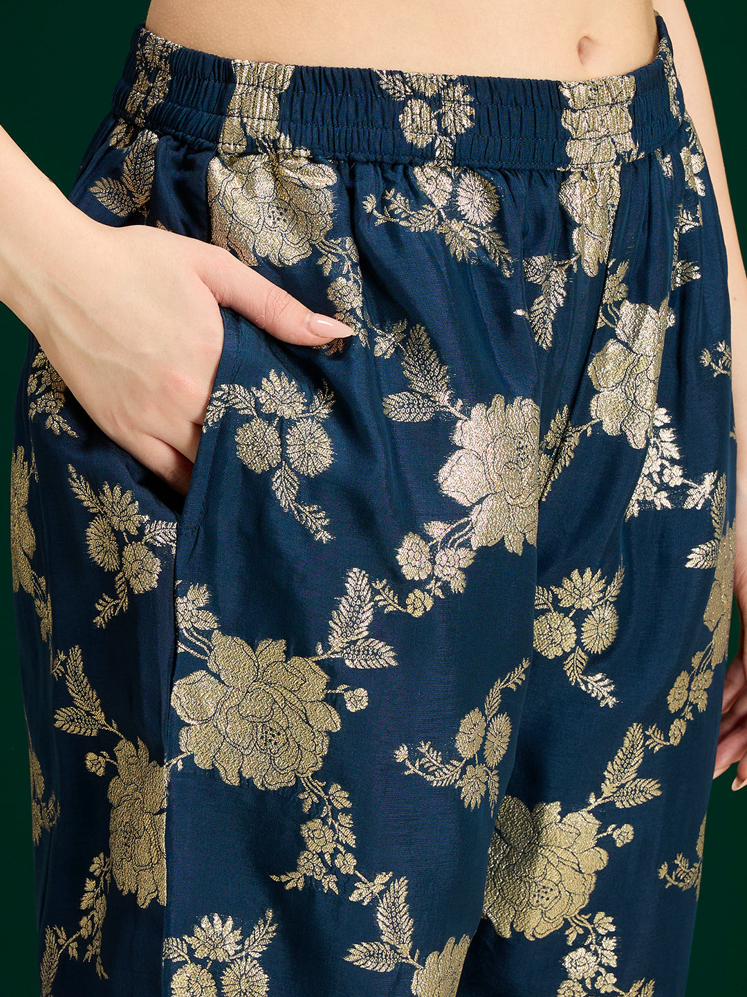 Solid Sequin Embroidered A-Line Kurta with Brocade Palazzo - Navy Blue