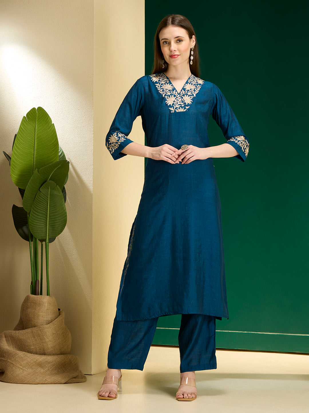 Solid Lotus Zari Embroidered Straight Kurta with Palazzo - Teal