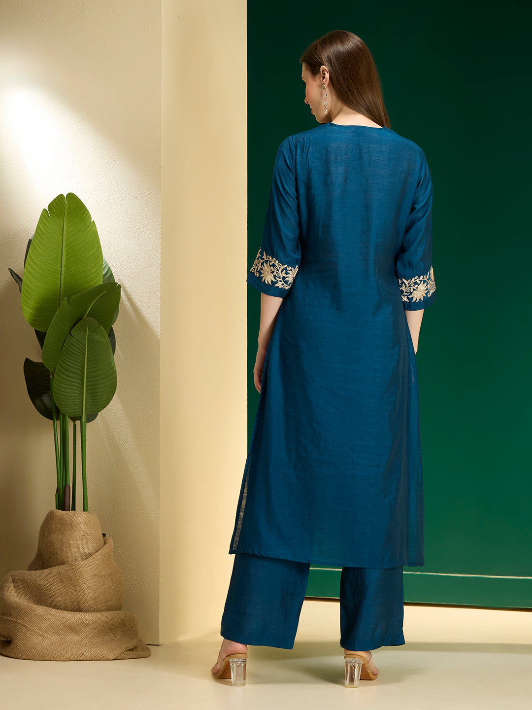 Solid Lotus Zari Embroidered Straight Kurta with Palazzo - Teal