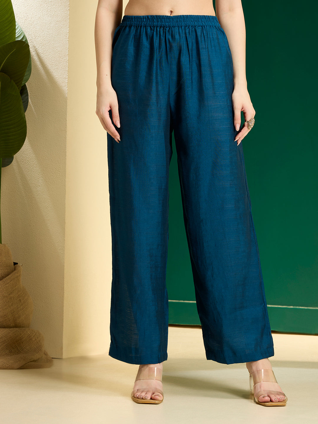 Solid Lotus Zari Embroidered Straight Kurta with Palazzo - Teal