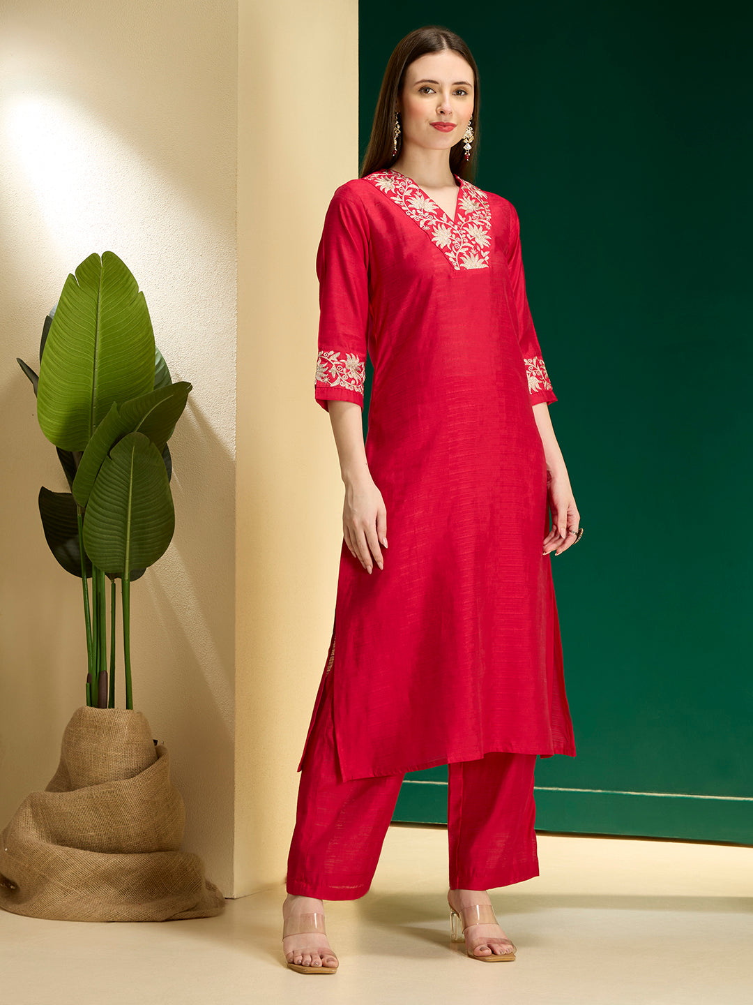 Solid Lotus Zari Embroidered Straight Kurta with Palazzo - Rani