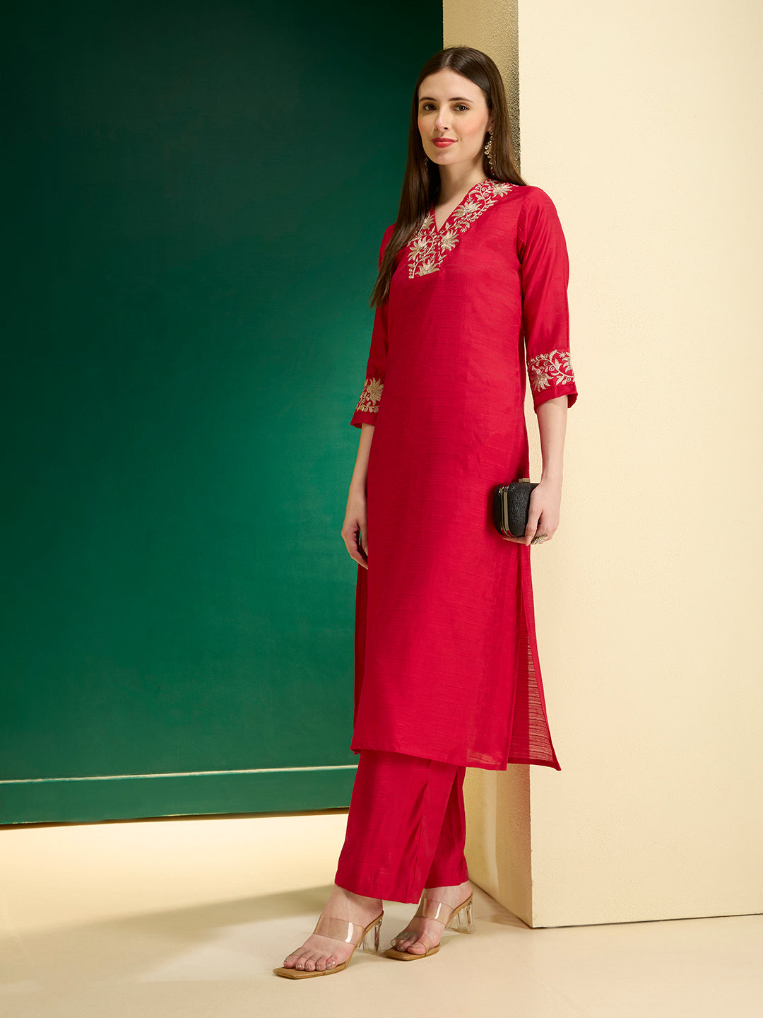 Solid Lotus Zari Embroidered Straight Kurta with Palazzo - Rani