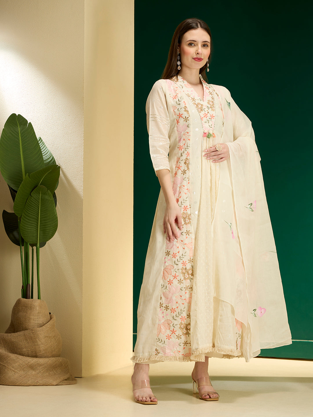 Solid Floral Embroidered Anarkali Kurta with Palazzo & Hand Painted Dupatta - Off White