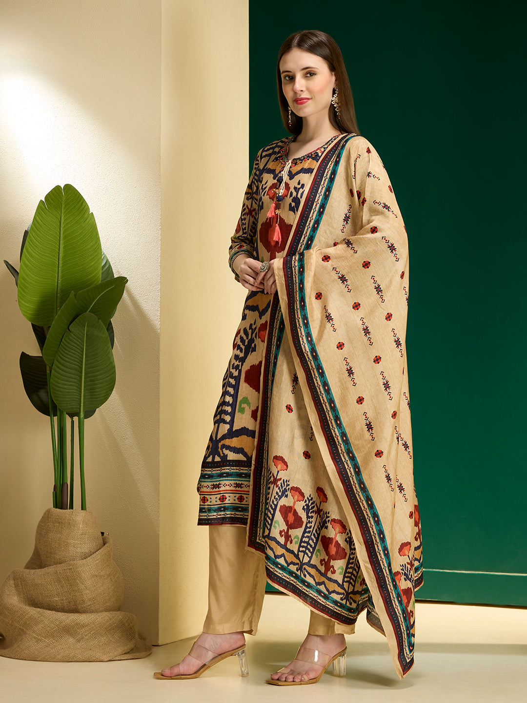 Festive Ikat Printed Embroidered Straight Kurta with Pant & Dupatta - Multi