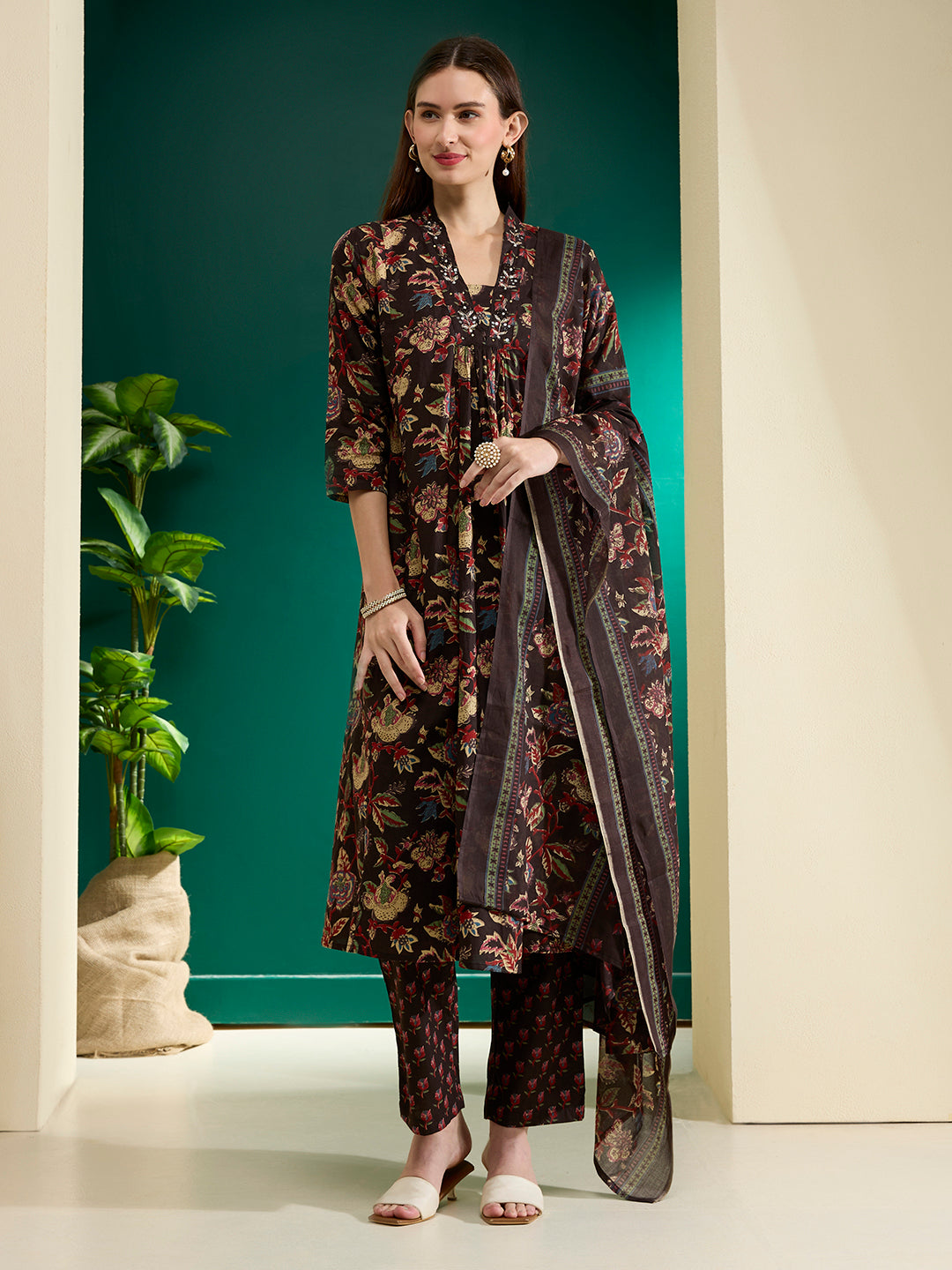 Floral Foil Printed Cutwork Embroidered Straight Kurta with Pant - Black